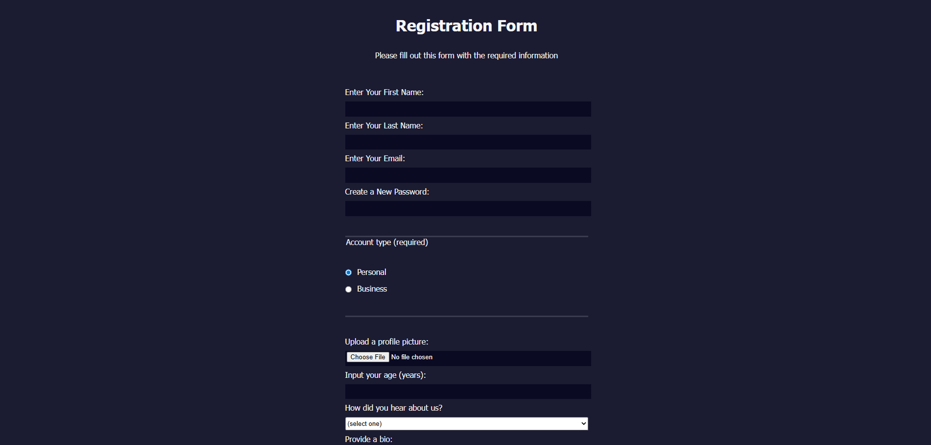 Personal Project Registration Form Screenshot